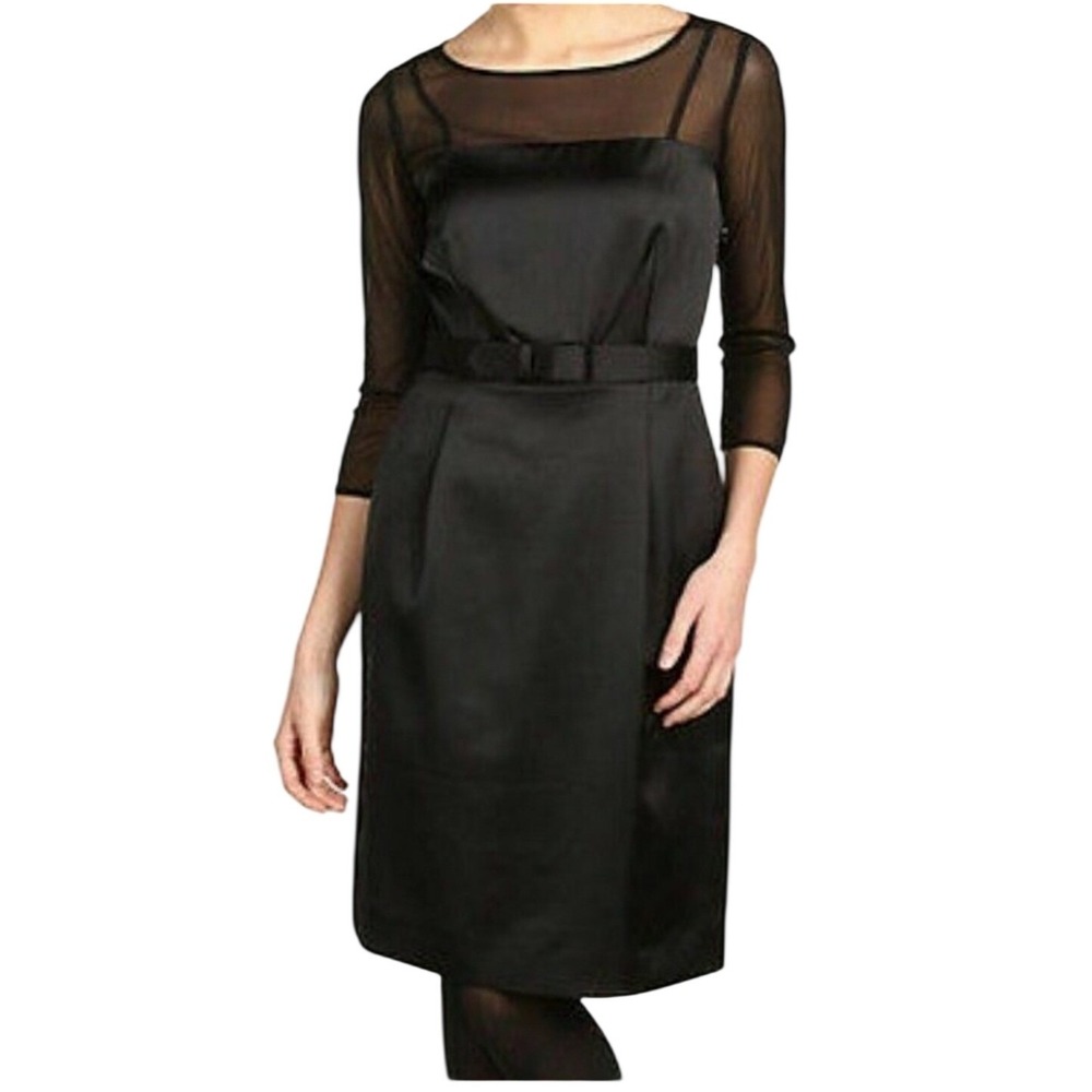 Tahari Arthur S Levine Black Satin Mesh Yoke Belted‎ Cocktail Dress 14